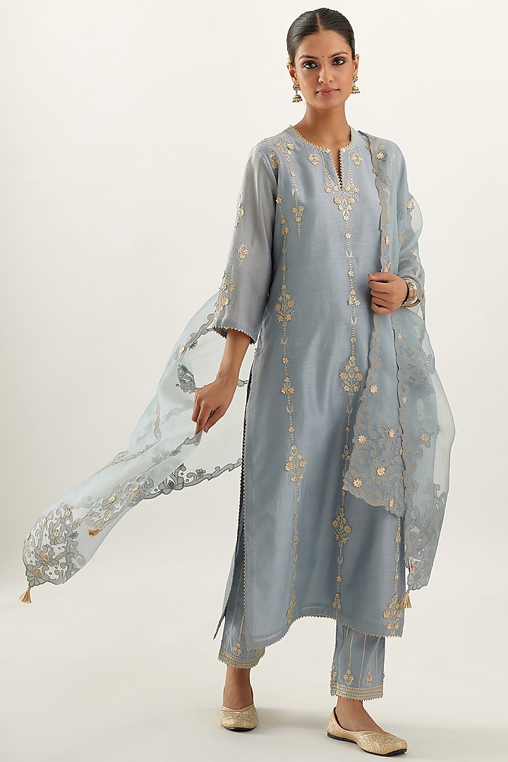 Blue Silk Chanderi Kurta Set by Kora at Pernia's Pop Up Shop