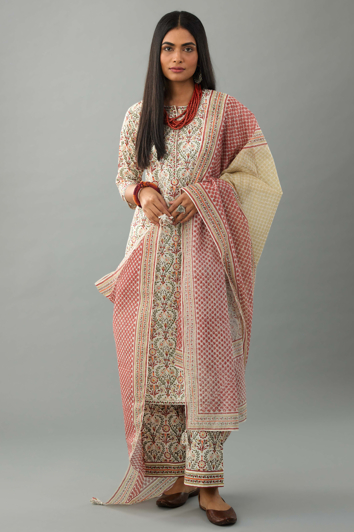 Red & Green Cotton Hand Block Printed Kurta Set by Kora at Pernia's Pop Up Shop