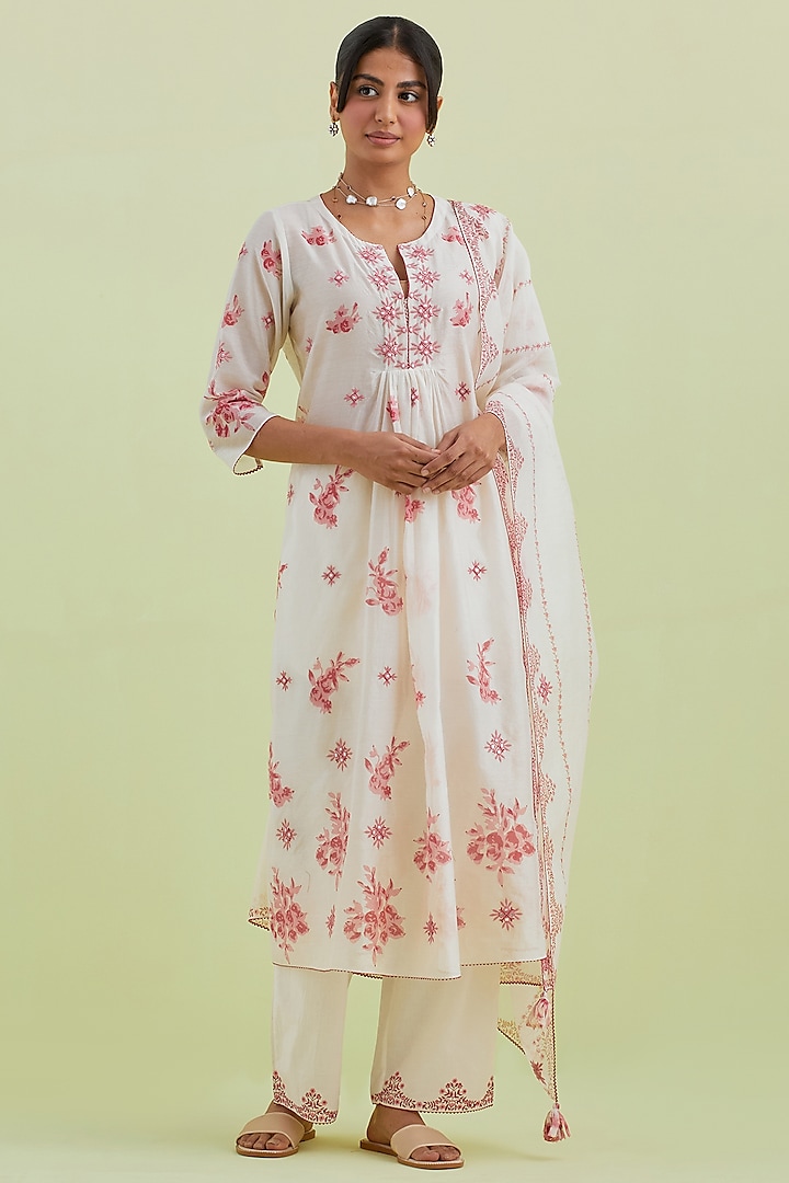 Pink & Off-White Silk Chanderi Hand Block Printed Straight Kurta Set by Kora