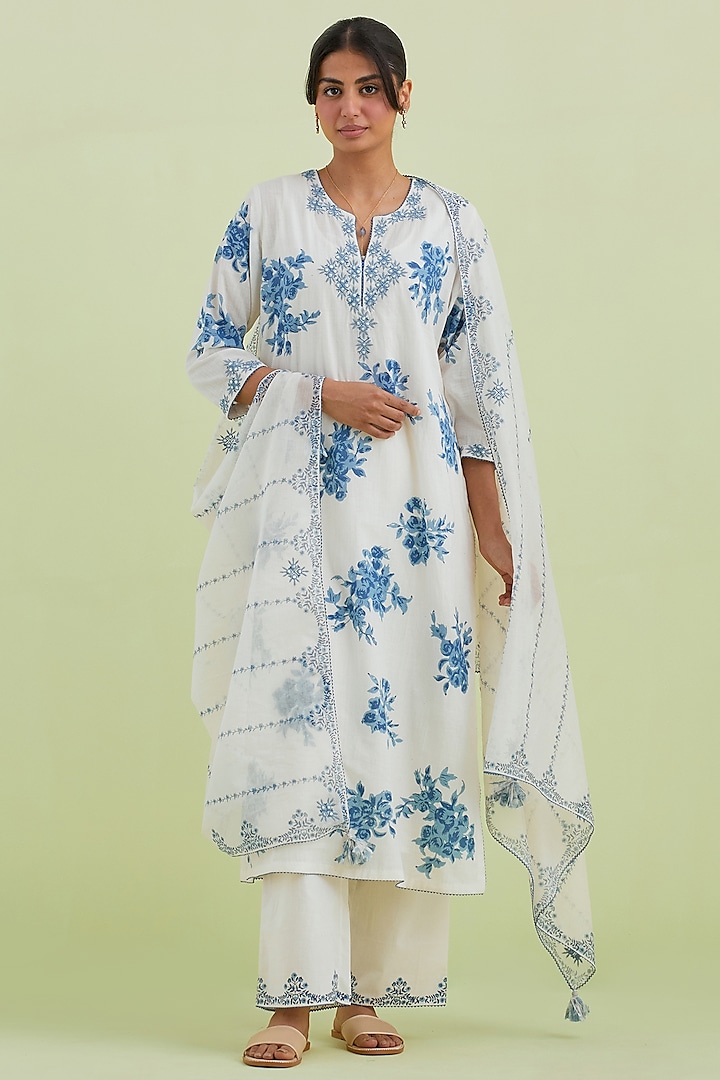 Off-White & Blue Cotton Hand Block Printed Straight Kurta Set by Kora