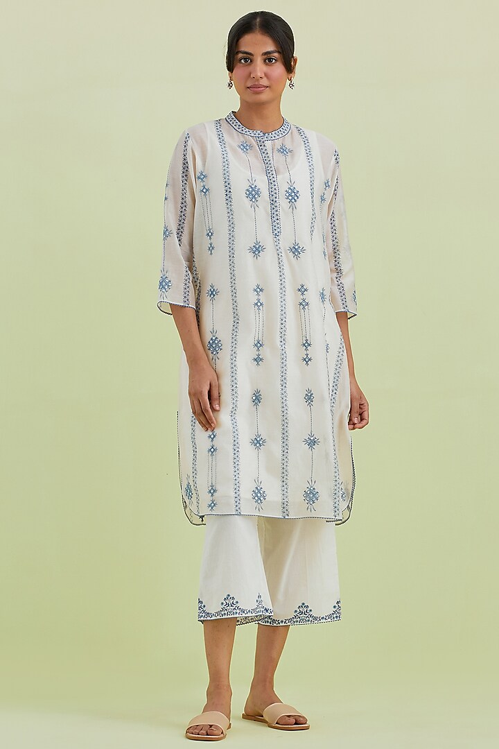 Blue & Off-White Silk Chanderi Hand Block Printed Straight Kurta Set by Kora at Pernia's Pop Up Shop