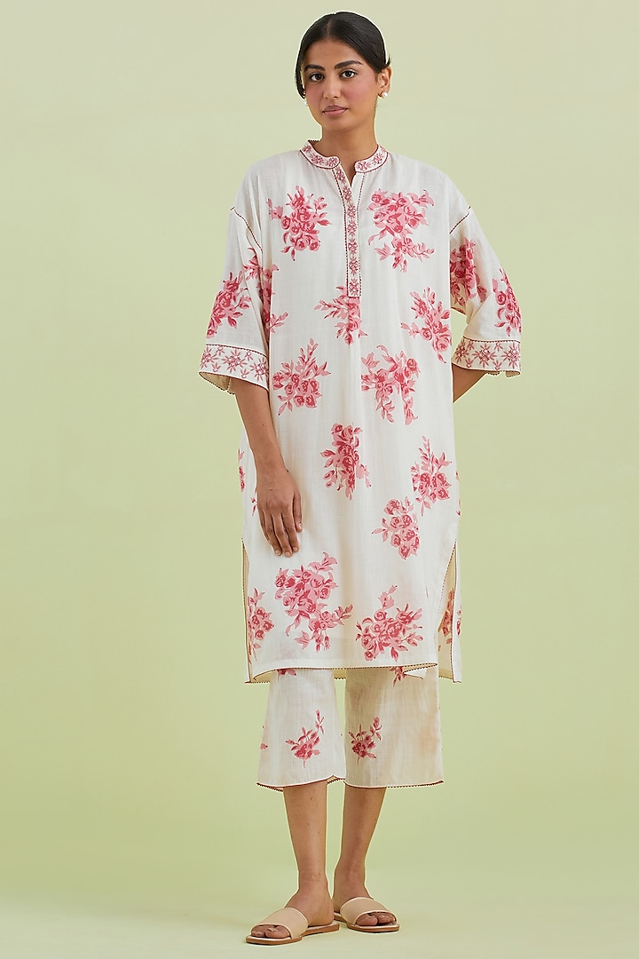 Pink & Off-White Handwoven Cotton Hand Block Printed Kurta Set by Kora at Pernia's Pop Up Shop