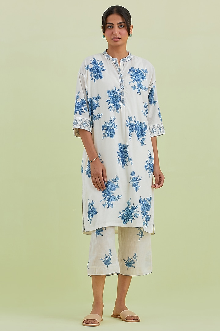 Blue & Off-White Handwoven Cotton Hand Block Printed Kurta Set by Kora at Pernia's Pop Up Shop