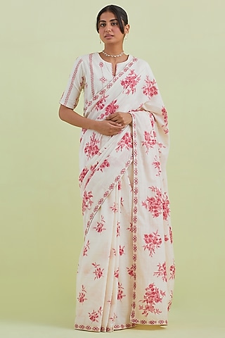 Pink & Off-White Handspun Handwoven Cotton Hand Block Printed Saree Set by Kora