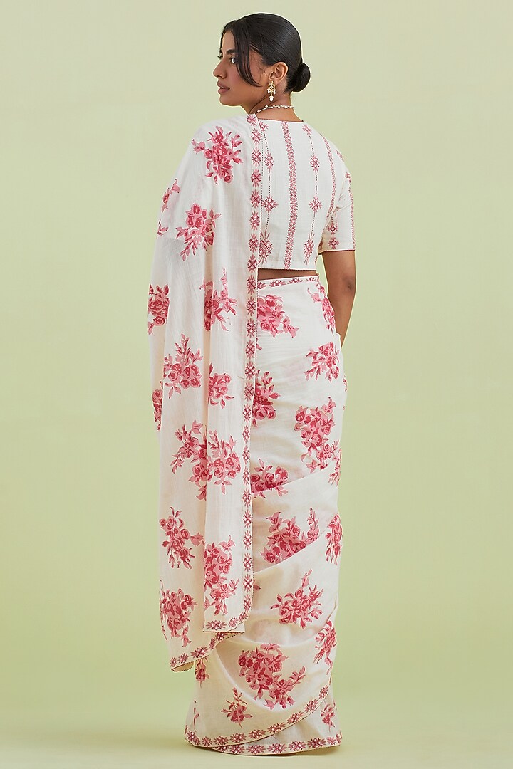 Pink & Off-White Handspun Handwoven Cotton Hand Block Printed Party Wear Saree Set by Kora at Pernia's Pop Up Shop