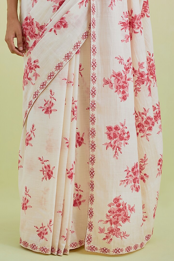 Pink & Off-White Handspun Handwoven Cotton Hand Block Printed Party Wear Saree Set by Kora at Pernia's Pop Up Shop