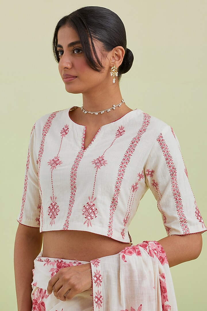 Pink & Off-White Handspun Handwoven Cotton Hand Block Printed Party Wear Saree Set by Kora at Pernia's Pop Up Shop