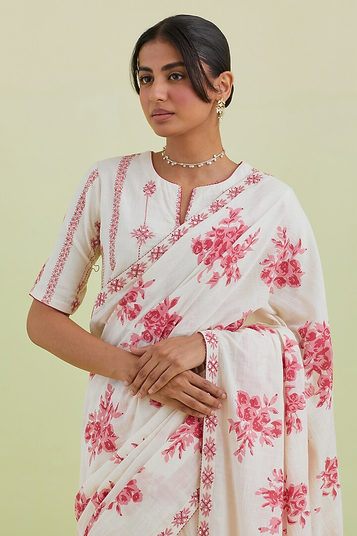 Pink & Off-White Handspun Handwoven Cotton Hand Block Printed Party Wear Saree Set by Kora at Pernia's Pop Up Shop