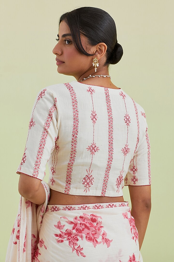 Pink & Off-White Handspun Handwoven Cotton Hand Block Printed Party Wear Saree Set by Kora at Pernia's Pop Up Shop