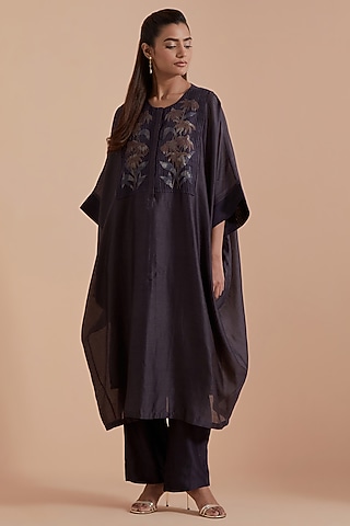 Dark Grey Silk Chanderi Floral Applique Embroidered Kaftan Set by kora