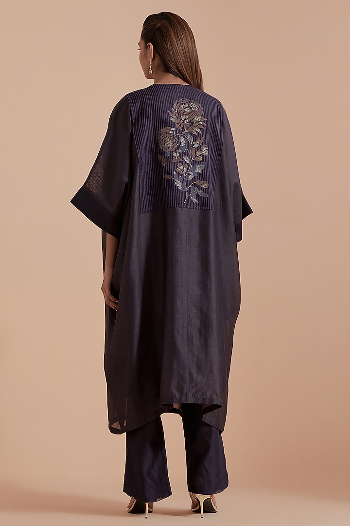 Dark Grey Silk Chanderi Floral Applique Embroidered Kaftan Set by Kora at Pernia's Pop Up Shop