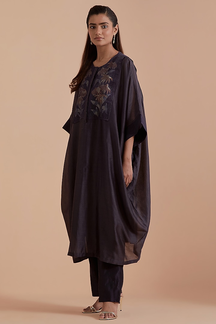 Dark Grey Silk Chanderi Floral Applique Embroidered Kaftan Set by Kora at Pernia's Pop Up Shop