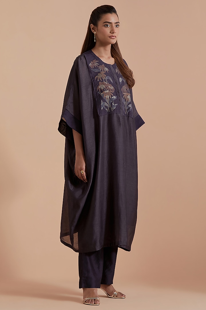 Dark Grey Silk Chanderi Floral Applique Embroidered Kaftan Set by Kora at Pernia's Pop Up Shop