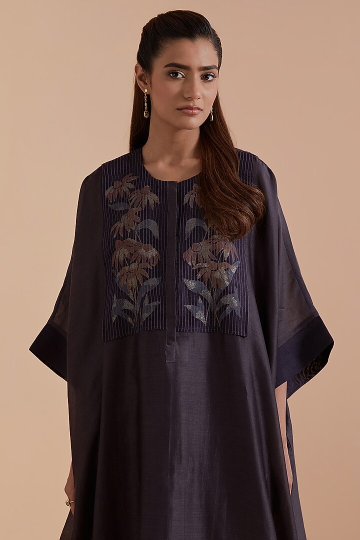Dark Grey Silk Chanderi Floral Applique Embroidered Kaftan Set by Kora at Pernia's Pop Up Shop