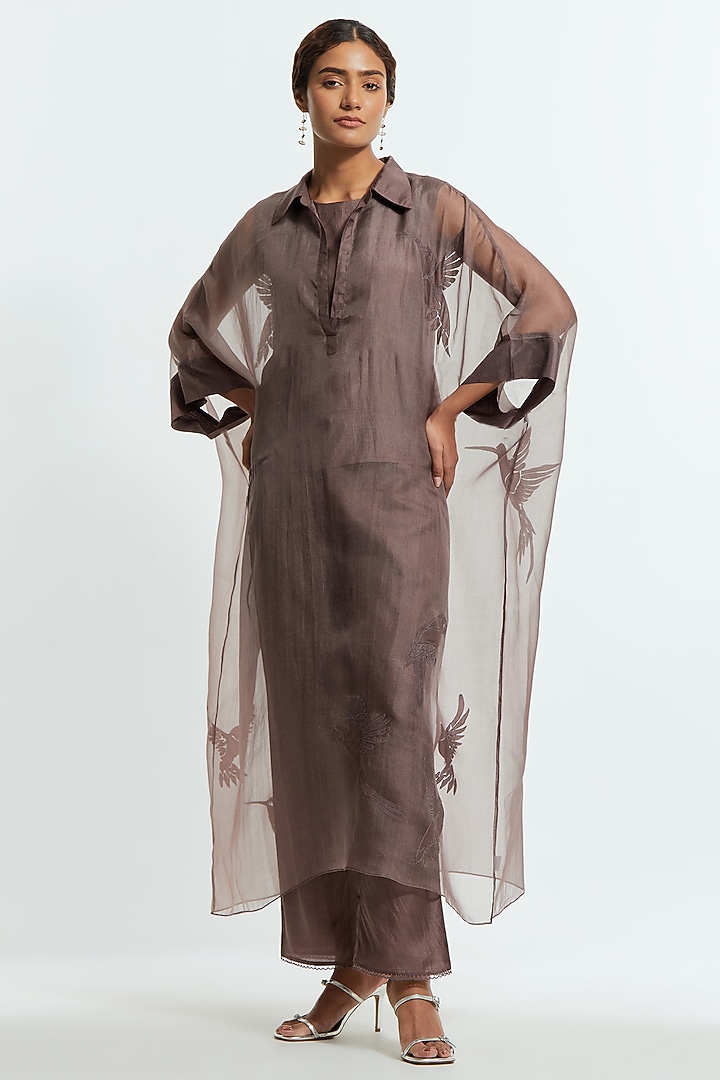 Grey Silk Organza Applique Kaftan Set by Kora at Pernia's Pop Up Shop
