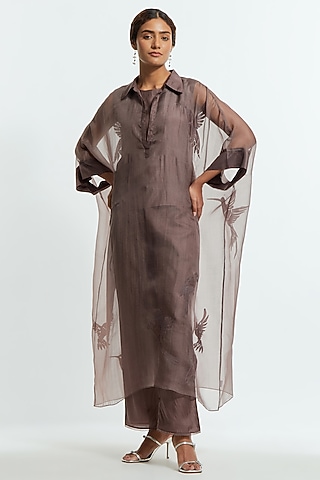 Grey Silk Organza Applique Kaftan Set by kora