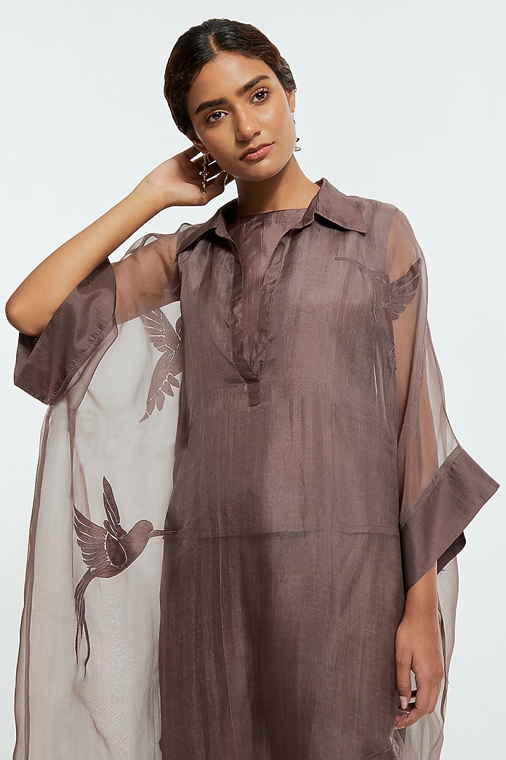 Grey Silk Organza Applique Kaftan Set by Kora at Pernia's Pop Up Shop