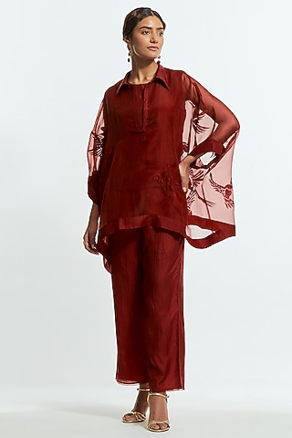 Red Silk Organza Applique Kaftan Set by kora