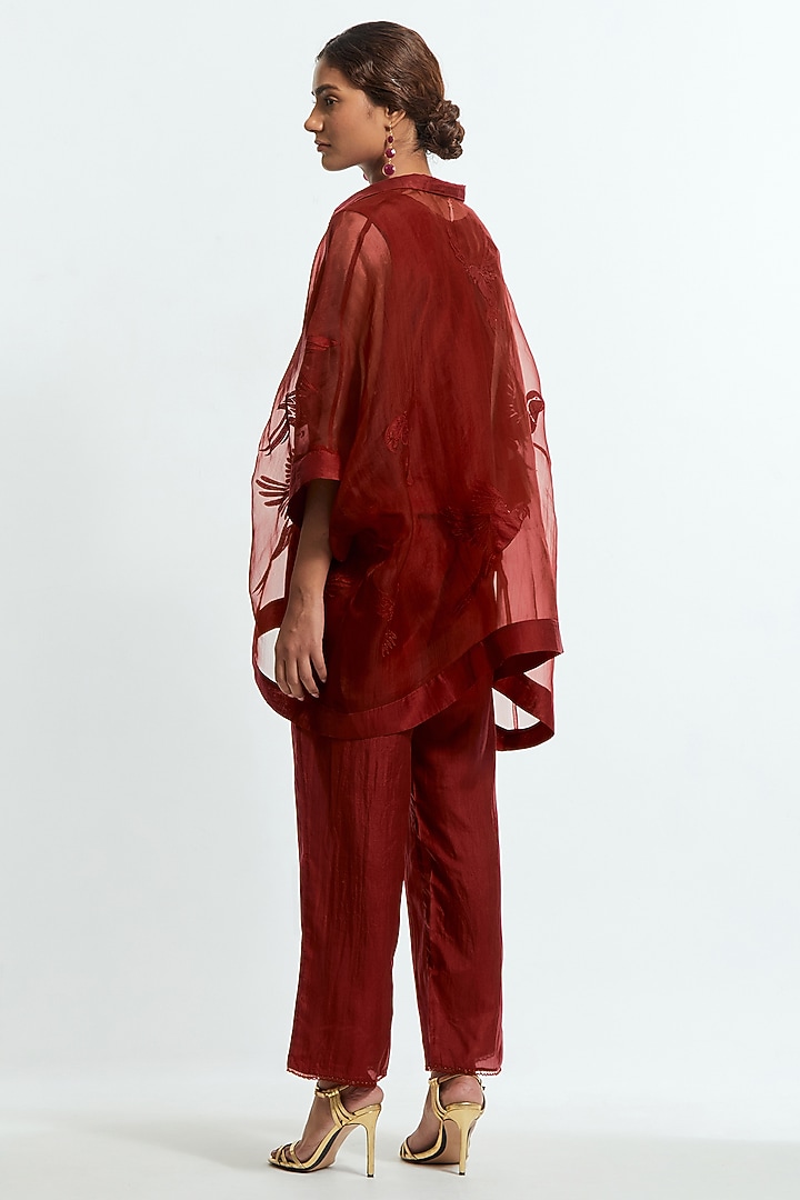 Red Silk Organza Applique Kaftan Set by Kora at Pernia's Pop Up Shop