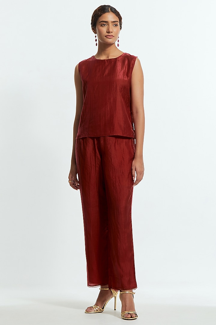 Red Silk Organza Applique Kaftan Set by Kora at Pernia's Pop Up Shop