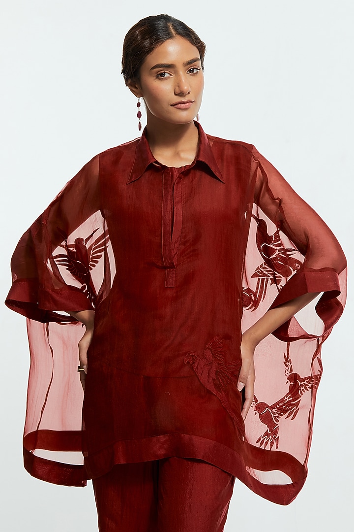 Red Silk Organza Applique Kaftan Set by Kora at Pernia's Pop Up Shop