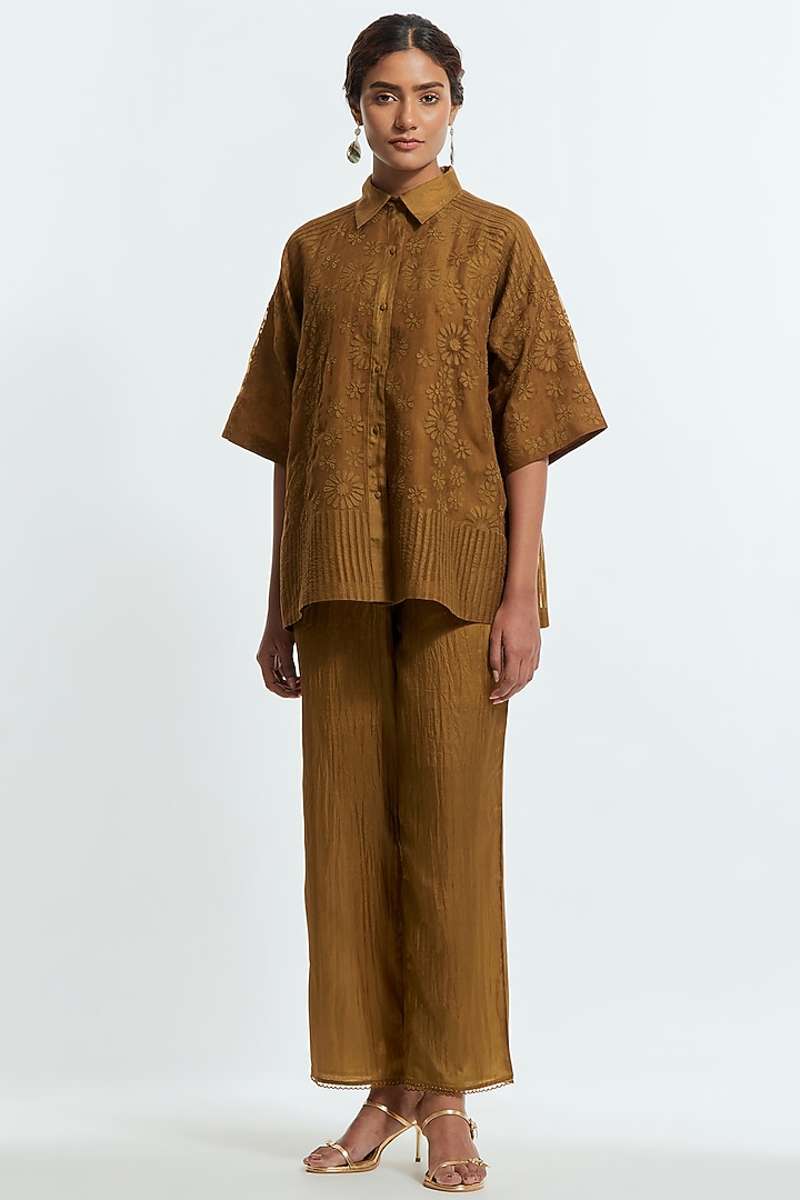 Olive Green Silk Organza Applique Co-Ord Set by Kora at Pernia's Pop Up Shop