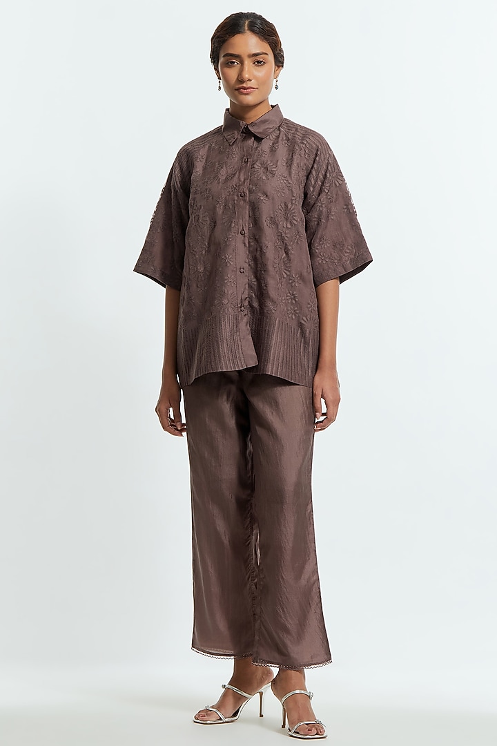 Grey Silk Organza Applique Co-Ord Set by Kora at Pernia's Pop Up Shop