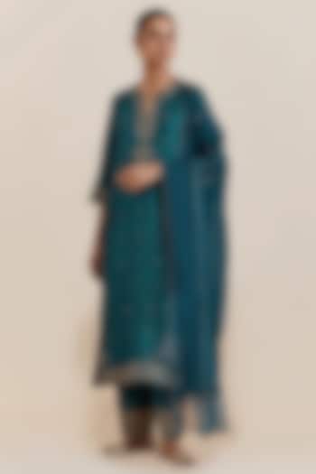 Teal Green Silk Sequins Hand Embroidered Straight Kurta Set by Kora at Pernia's Pop Up Shop