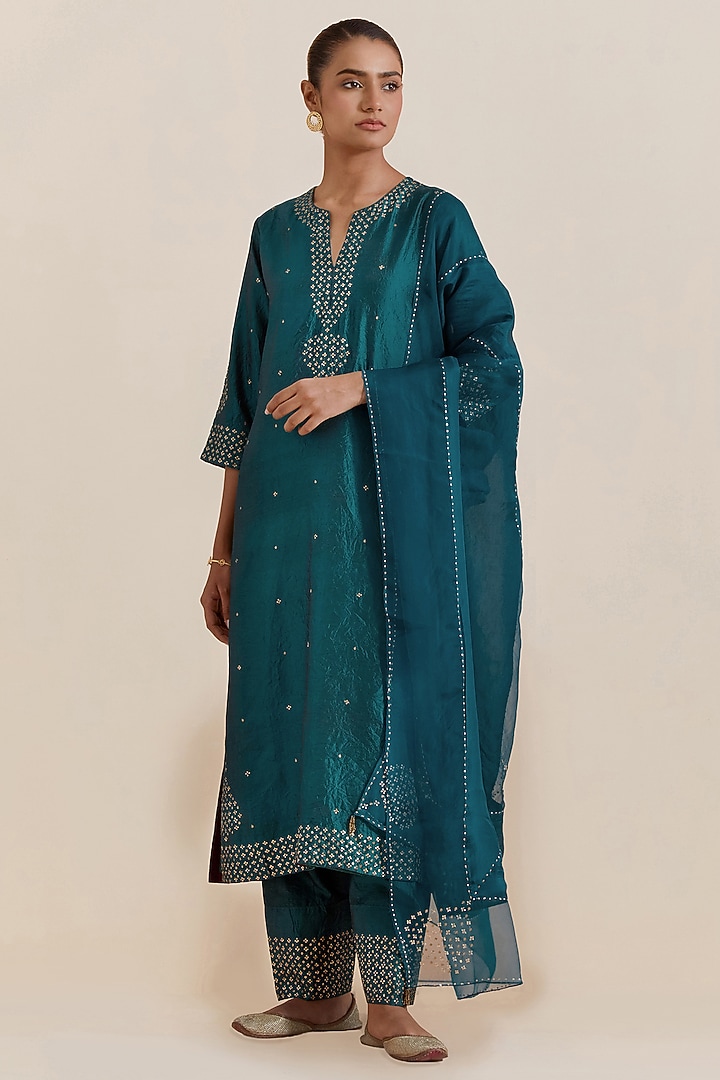 Teal Green Silk Sequins Hand Embroidered Straight Kurta Set by Kora at Pernia's Pop Up Shop