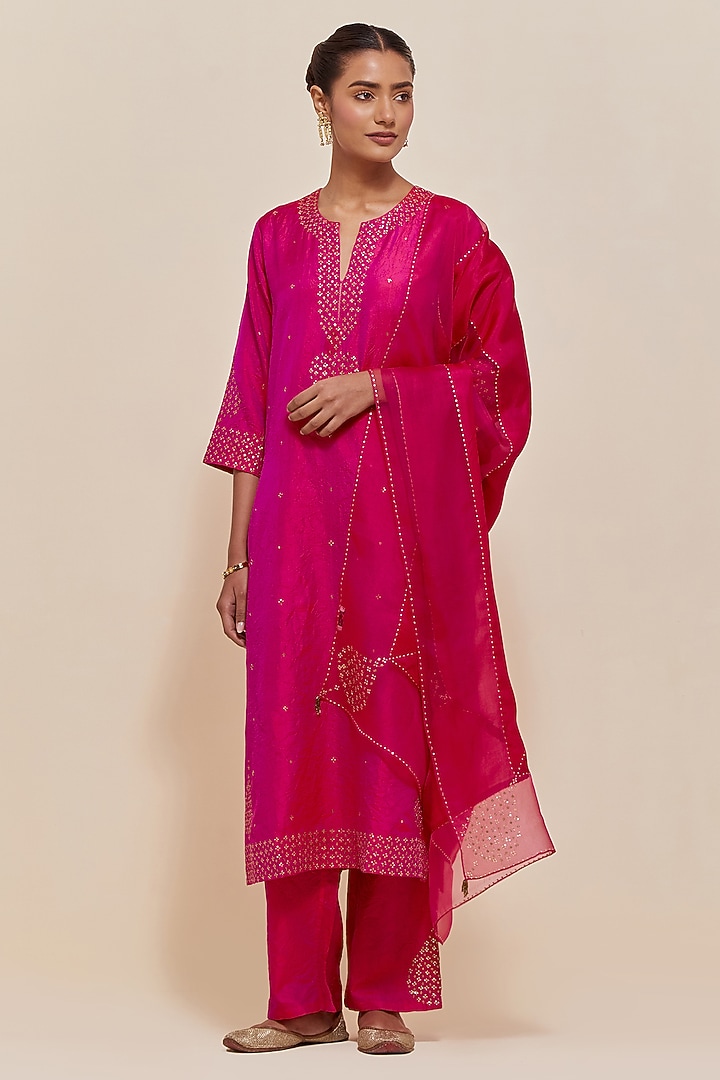 Fuchsia Silk Sequins Hand Embroidered Straight Kurta Set by Kora at Pernia's Pop Up Shop