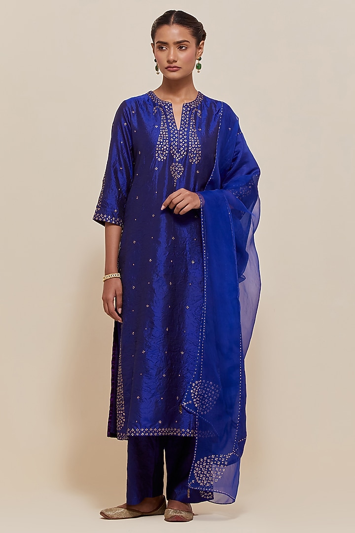 Blue Silk Sequins Hand Embroidered Straight Kurta Set by Kora at Pernia's Pop Up Shop