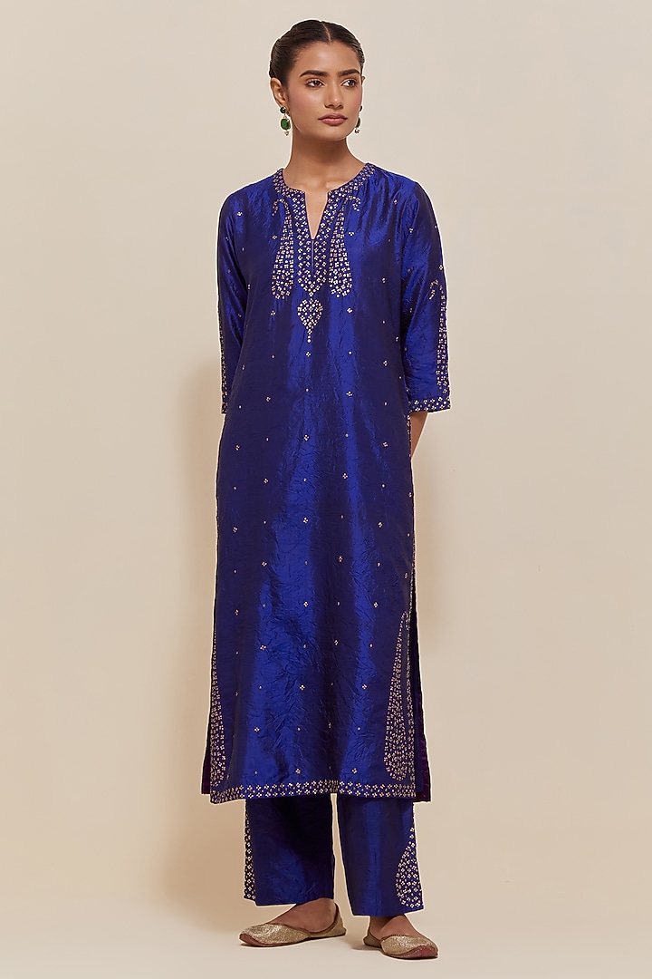 Blue Silk Sequins Hand Embroidered Straight Kurta Set by Kora at Pernia's Pop Up Shop