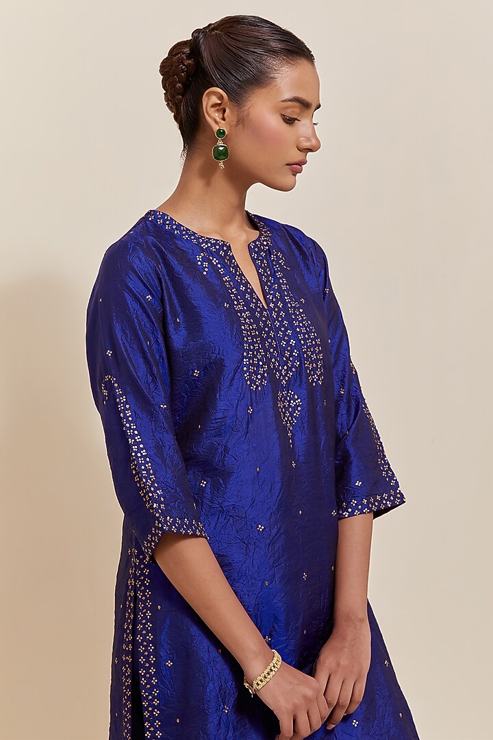 Blue Silk Sequins Hand Embroidered Straight Kurta Set by Kora at Pernia's Pop Up Shop