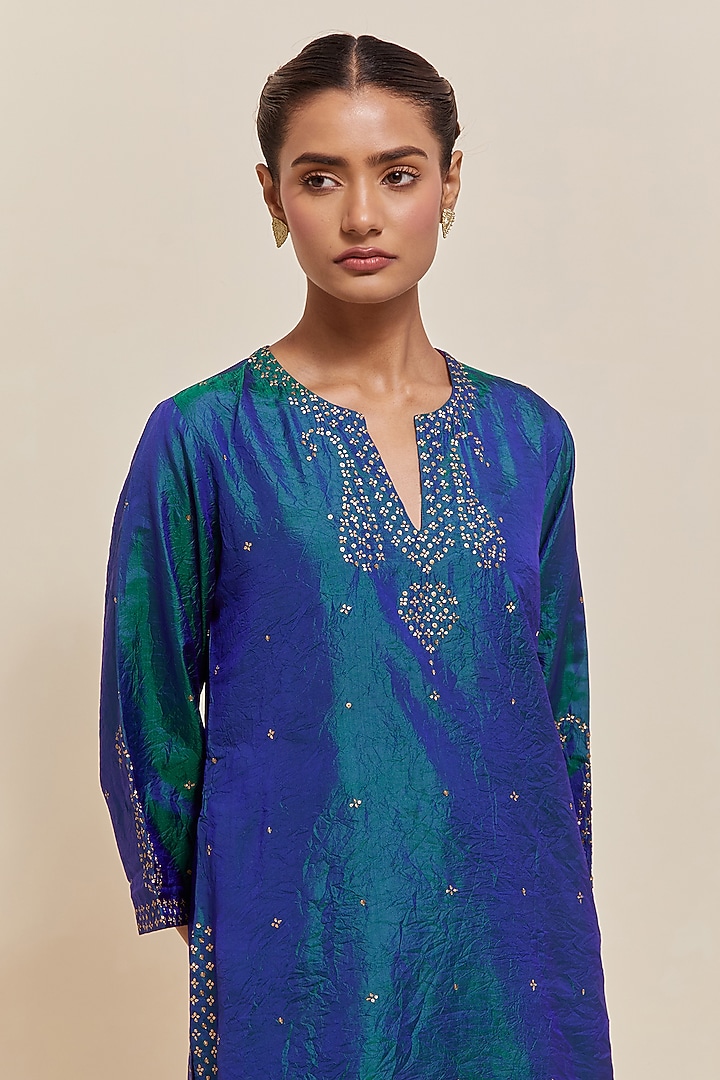 Teal Blue Silk Sequins Hand Embroidered Straight Short Kurta Set by Kora at Pernia's Pop Up Shop