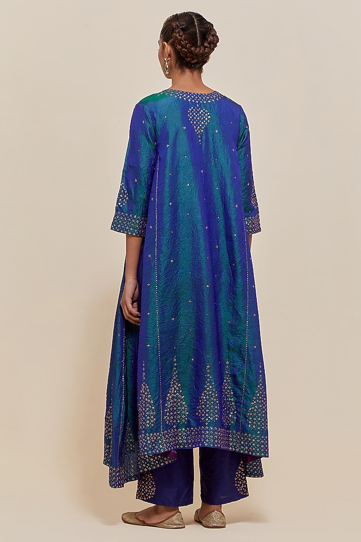 Teal Blue Silk Hand Embroidered Kurta Set by Kora at Pernia's Pop Up Shop