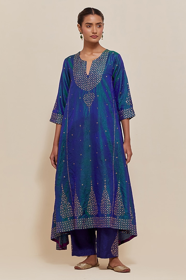 Teal Blue Silk Hand Embroidered Kurta Set by Kora at Pernia's Pop Up Shop
