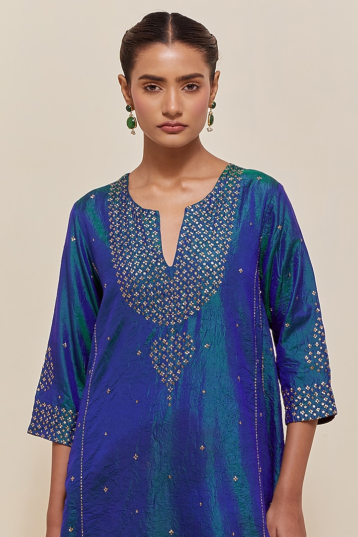 Teal Blue Silk Hand Embroidered Kurta Set by Kora at Pernia's Pop Up Shop