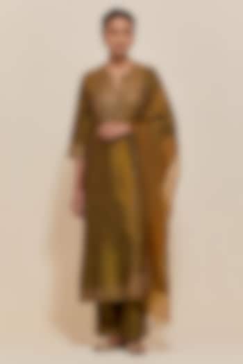 Olive Silk Sequins Hand Embroidered Straight Kurta Set by Kora at Pernia's Pop Up Shop