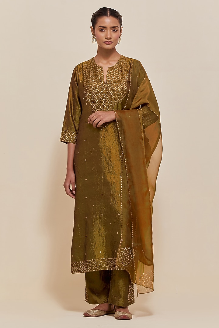 Olive Silk Sequins Hand Embroidered Straight Kurta Set by Kora at Pernia's Pop Up Shop