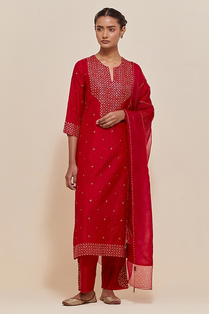 Red Silk Sequins Hand Embroidered Straight Kurta Set by Kora at Pernia's Pop Up Shop