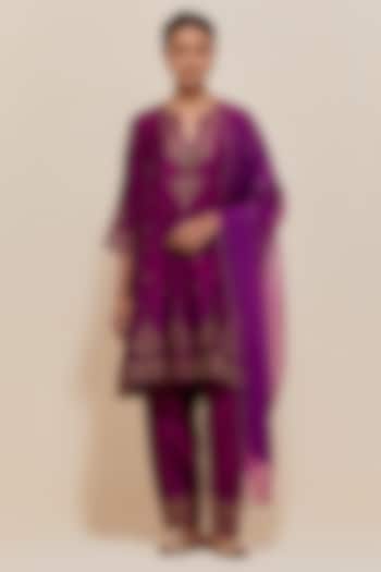 Purple Silk Sequins Hand Embroidered Short Kalidar Kurta Set by Kora at Pernia's Pop Up Shop