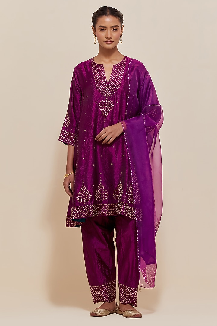 Purple Silk Sequins Hand Embroidered Short Kalidar Kurta Set by Kora at Pernia's Pop Up Shop