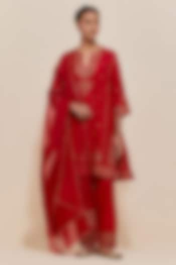 Red Silk Sequins Hand Embroidered Short Kalidar Kurta Set by Kora at Pernia's Pop Up Shop