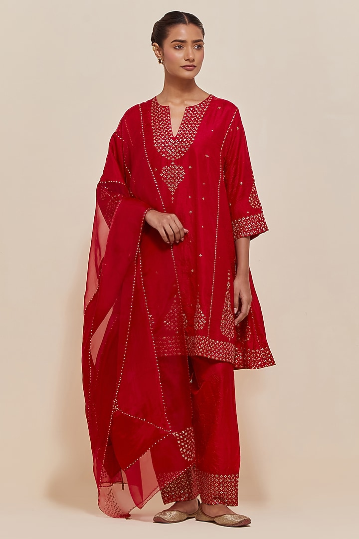 Red Silk Sequins Hand Embroidered Short Kalidar Kurta Set by Kora at Pernia's Pop Up Shop