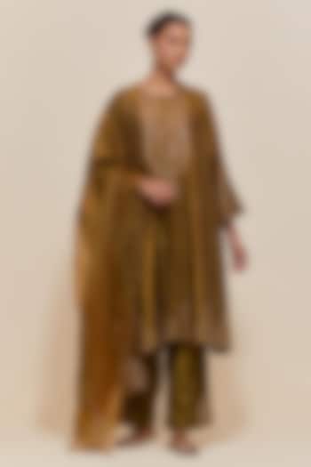 Olive Silk Sequins Hand Embroidered Short Kalidar Kurta Set by Kora at Pernia's Pop Up Shop