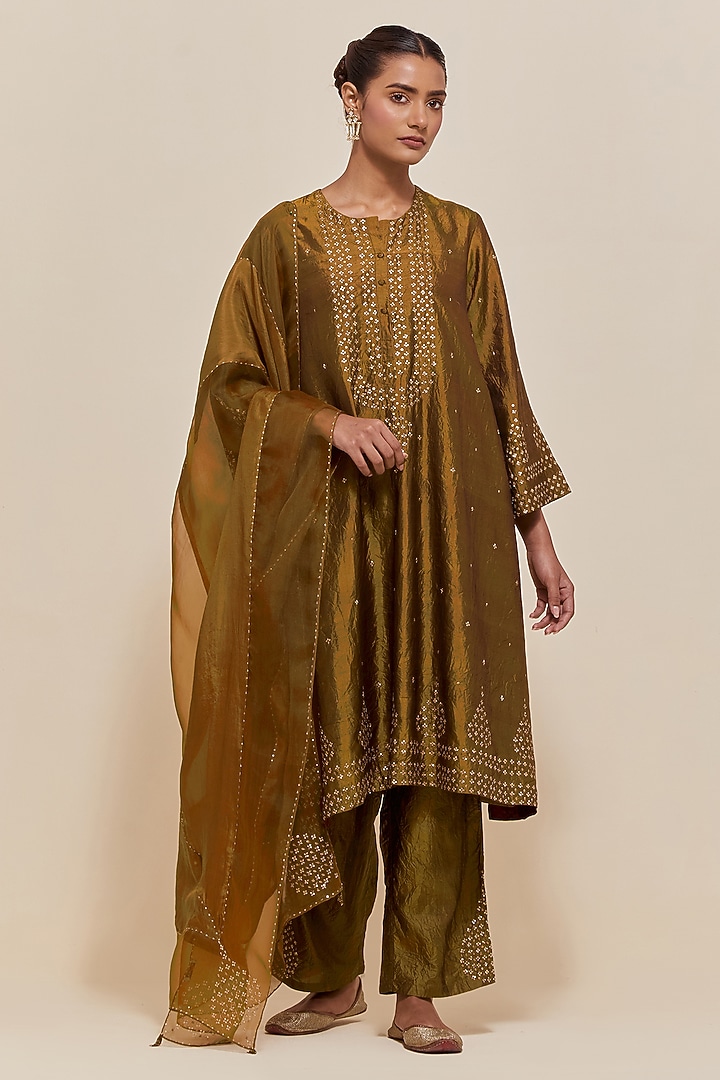 Olive Silk Sequins Hand Embroidered Short Kalidar Kurta Set by Kora at Pernia's Pop Up Shop