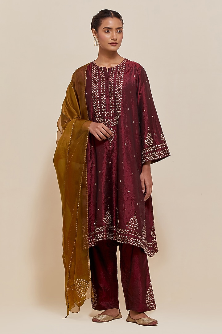 Maroon Silk Sequins Hand Embroidered Short Kalidar Kurta Set by Kora at Pernia's Pop Up Shop