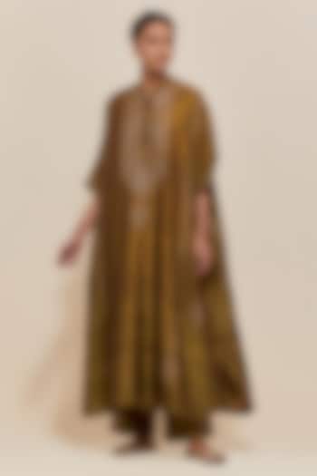 Olive Silk Sequins Hand Embroidered Kaftan Set by Kora at Pernia's Pop Up Shop