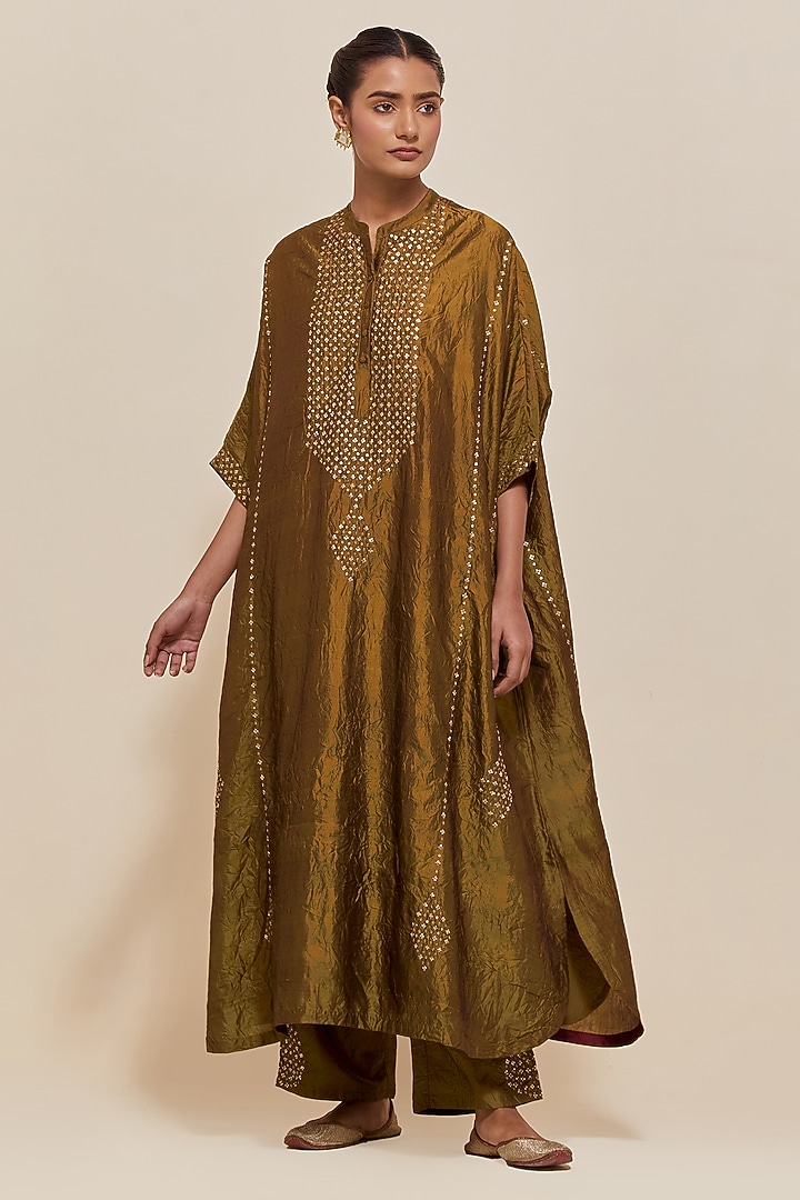 Olive Silk Sequins Hand Embroidered Kaftan Set by Kora at Pernia's Pop Up Shop