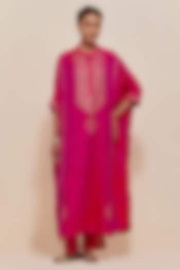 Fuchsia Silk Sequins Hand Embroidered Kaftan Set by Kora at Pernia's Pop Up Shop